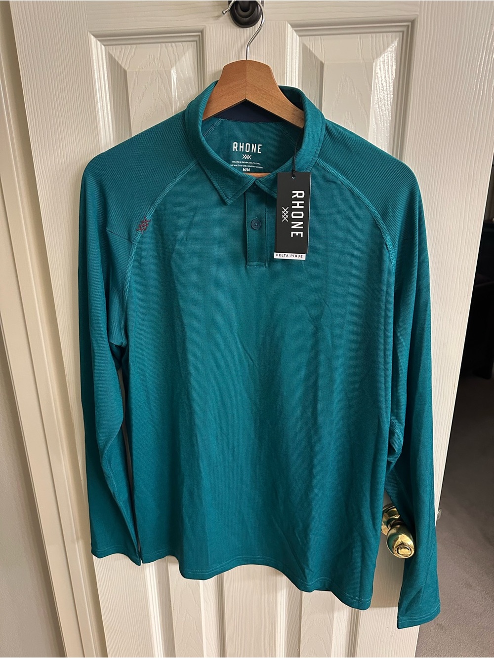 RHONE Men's Long-Sleeve Polo in Teal Green